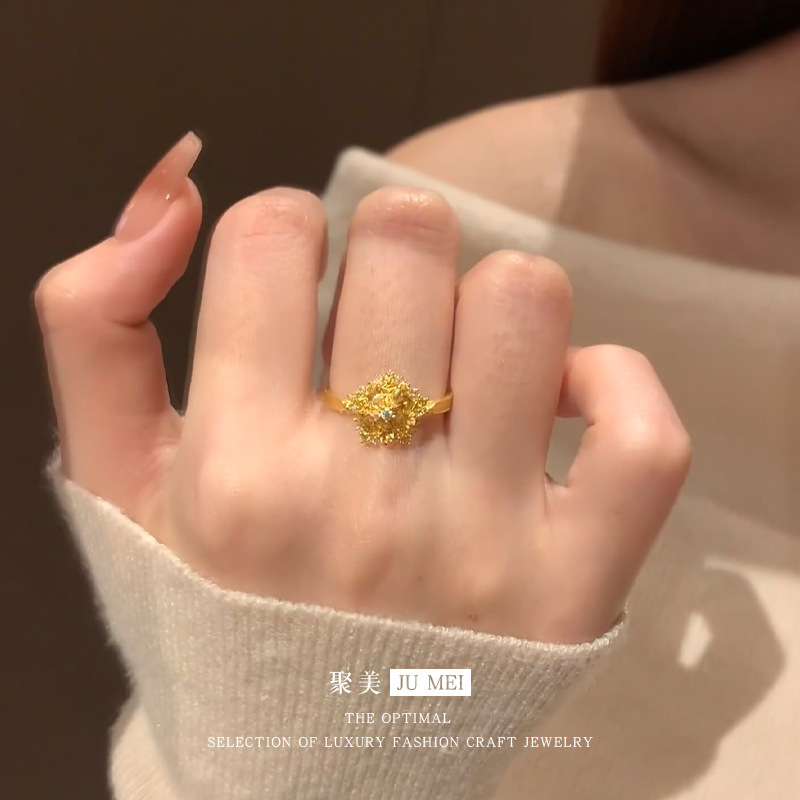 橙光沙金雪花闪钻戒指女精致时尚高级感小众设计个性款食指戒批发|undefined