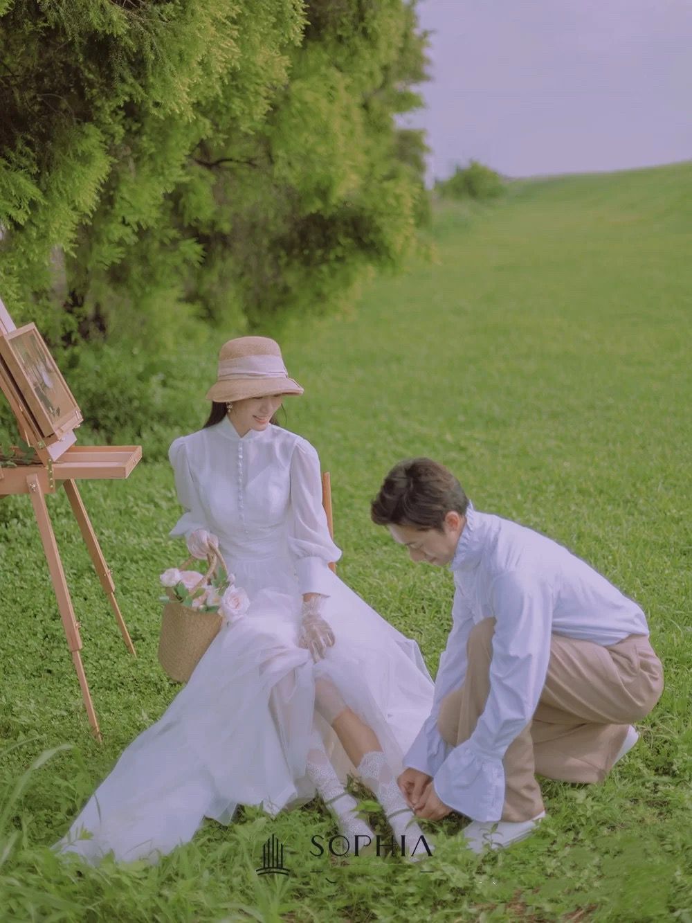(2개) 숲속 야외 여행 사진, 상큼한 커플 테마 스튜디오 웨딩 사진, 목가적 스타일의 복고풍 흰색 거즈 스커트 사진