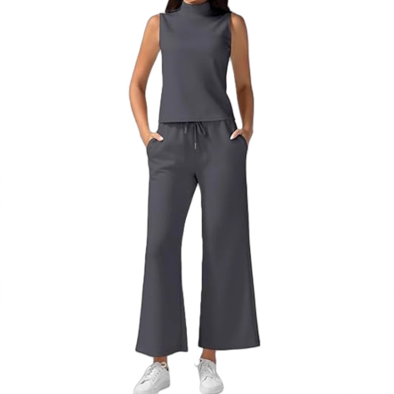 Cross-Border Export Amazon Temu2025 Spring and Summer Women's High Collar Slim Pure Color Home Drawstring Cropped Pants Suit