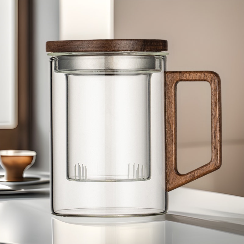 Walnut Handle Tea Separation Cup with Wooden Lid, New Chinese Style Green Tea Cup, Office Three-Piece Tea Set