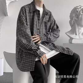 2025新款春季复古日系格纹长袖衬衫男女潮牌宽松情侣百搭衬衣批发