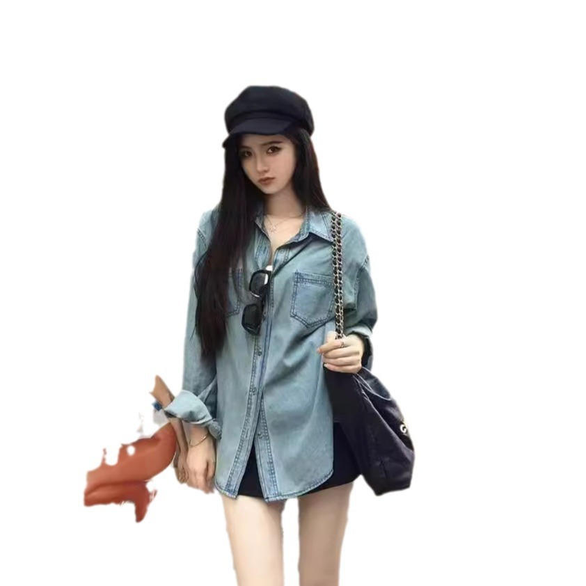 가을 2024 년 새로운 도착 다양한 패션 복고풍 감각 디자인 센스 느슨한 통근 긴 소매 데님 셔츠
