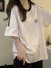 美式三条杠白色短袖t恤女夏季2025新款初中高中学生宽松半袖上衣