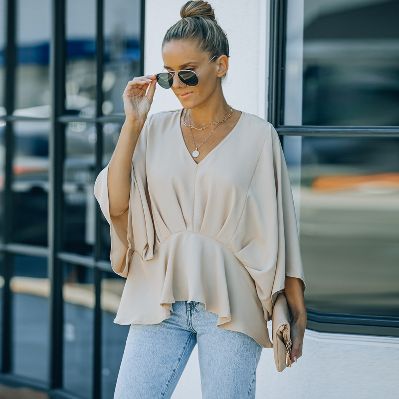 2022 الأوروبية والأمريكية الخفافيش كم بلون أعلى للنساء أمازون جديد الخصر ضيق التخسيس 34 كم البلوز قميص شيفون Womenpicture1