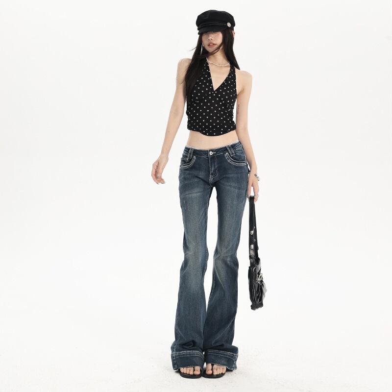 American-style low-waist flared jeans for petite women, spring collection, stretchy, slimming, not tight-fitting, bootcut pants American-style low-waist flared jeans for petite women, spring collection, stretchy, slimming, not tight-fitting, bootcut pants