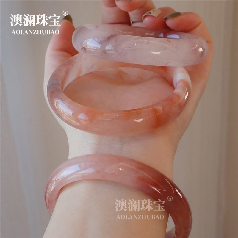 天然金丝玉桃花酿手镯粉色胖圆条手镯高级感美人镯飘花手镯批发|undefined