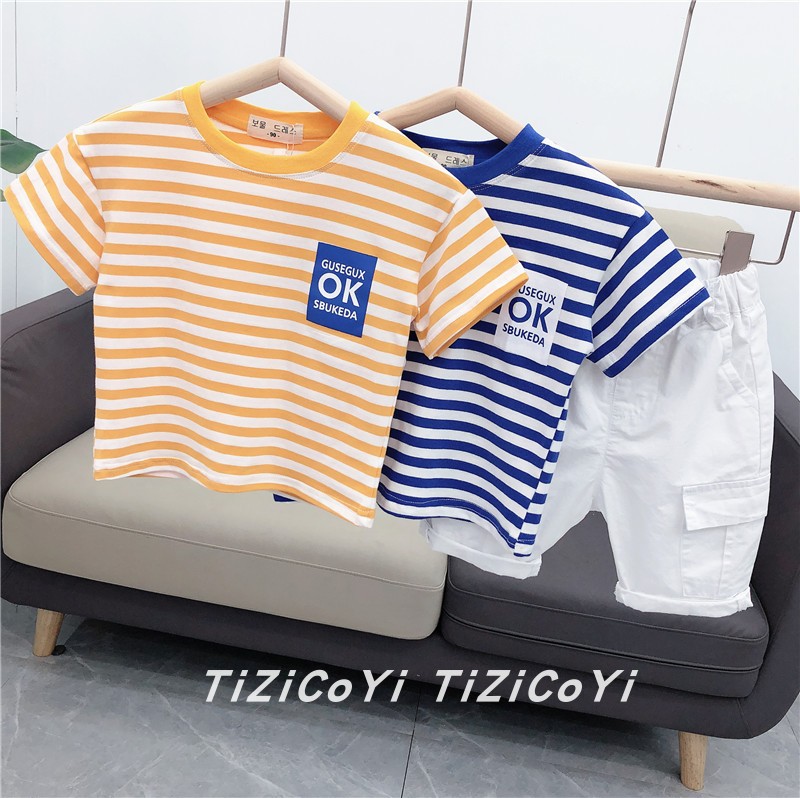 七彩童装男童条纹圆领短袖T恤2021夏新款撞色上衣儿童半袖夏打底