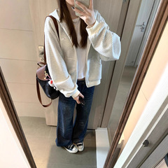 美式复古慵懒风条纹连帽卫衣女秋2025新款小狗刺绣拉链开衫外套