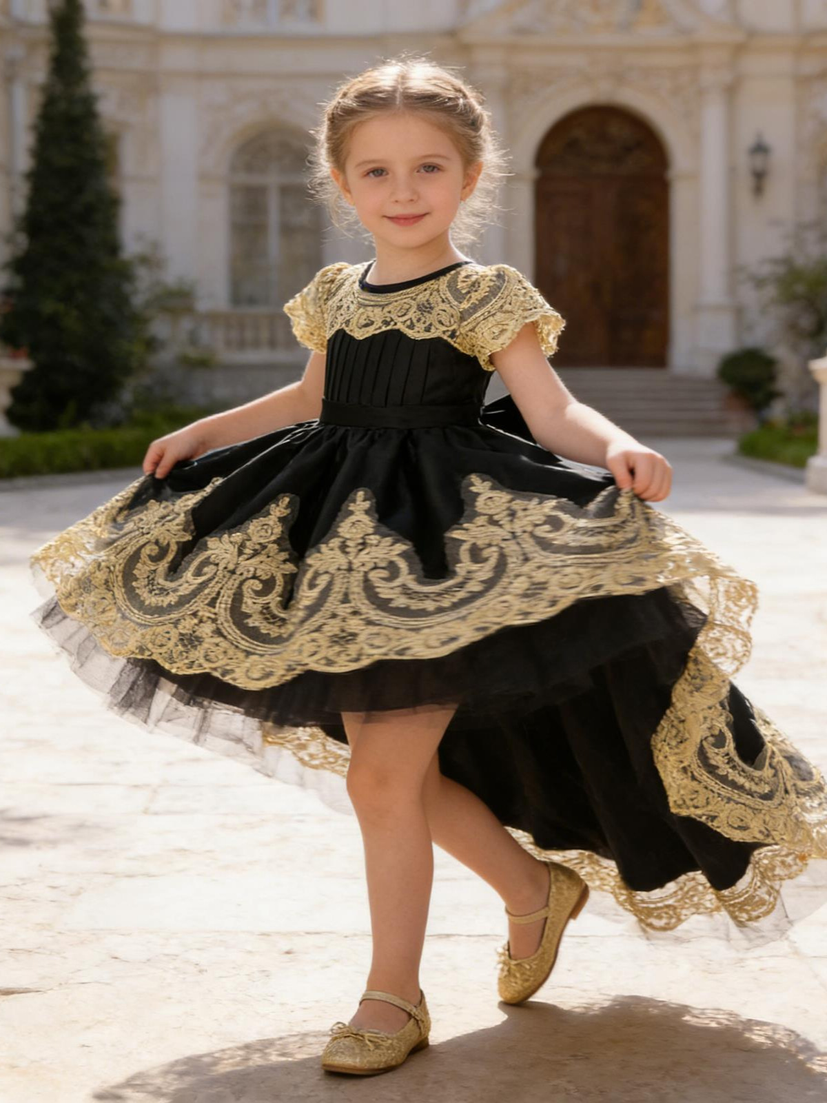 Nuevo vestido de encaje vestido de cascada plegable vestido de princesa vestido de cola de niñas vestido de niños vestido