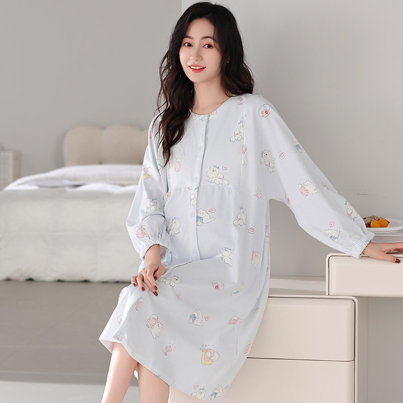 Long-Sleeved Nightgown Pure Cotton Luna Women's Spring and Summer Thin Pure Cotton Pregnant Women's Postpartum Breast-feeding dress Home Clothes