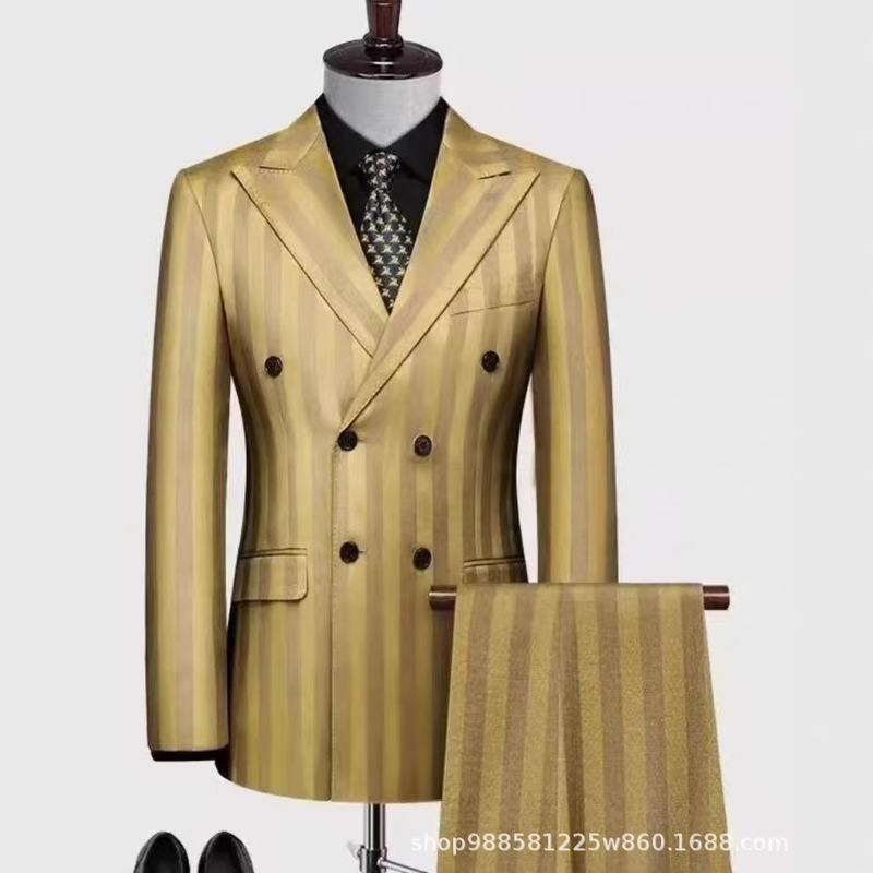 Spring and Autumn New Style Double-Breasted Slim-Fit Suit for Men, Italian-Style Yellow Large Striped Suit, Large Size Two-Piece Set Spring and Autumn New Style Double-Breasted Slim-Fit Suit for Men, Italian-Style Yellow Large Striped Suit, Large Size Two-Piece Set