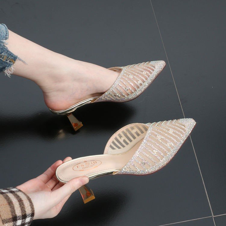 Elegant Women's Rhinestone Pointed Toe Mesh Sandals Stiletto Heels_voghion.com