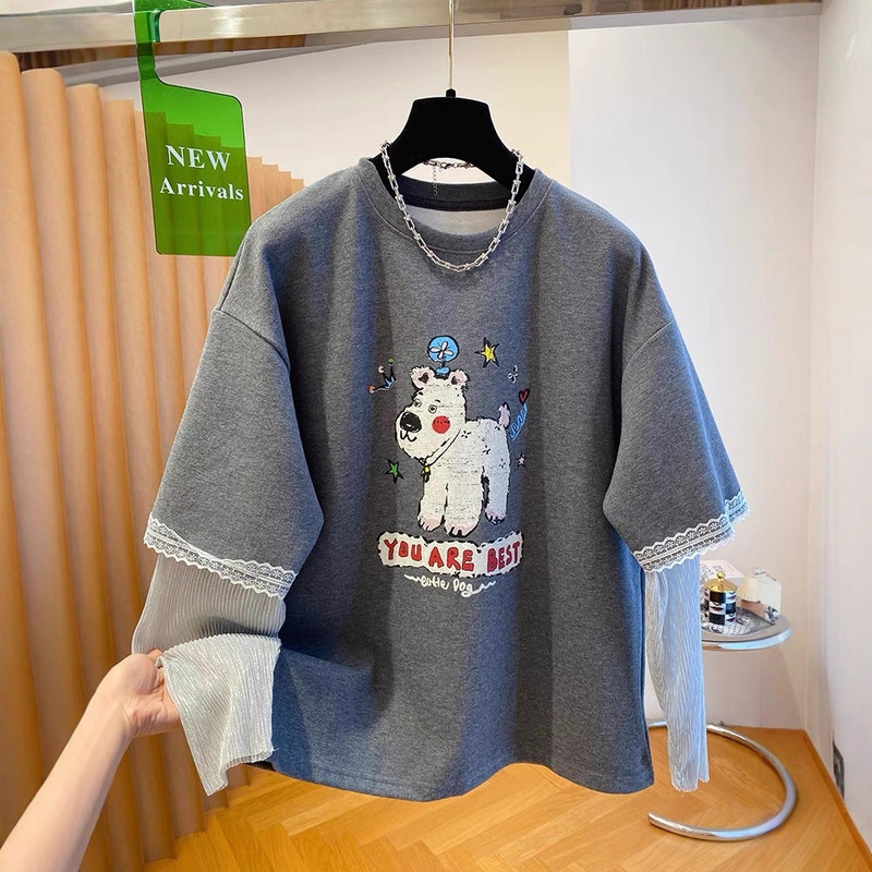 Extra Large Size 150kg Lace Splicing Long-Sleeved T-Shirt for Women in Autumn and Winter Loose and Slimming Look Fake Two-Piece Bottoming Shirt Top