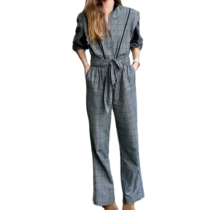 AliExpress 2025 primavera transfronteriza nueva ropa de mujer europea y americana a cuadros temperamento retro moda con cordones pantalones de una pieza mujeres