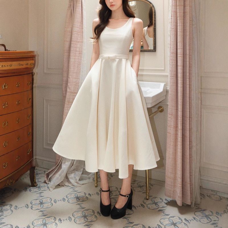 Avenemen/Bow U-Neck Hepburn Long Dress/French Waist Sleeveless Dress Elegant Dress for Women