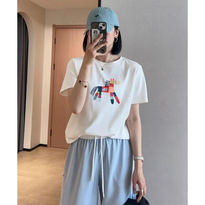 Nifty Age-reducing Lazy Soft Cure Color Pony Printing Crewneck Short-sleeved Loose T-shirt Women's 25 Summer C0415M