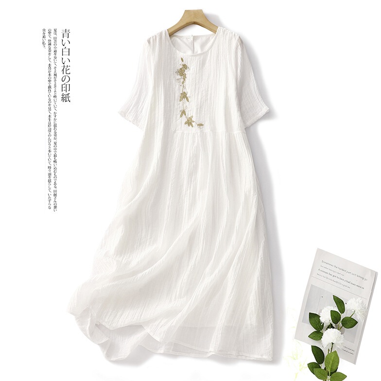 2026 Summer New Artistic Ramie Vintage Loose Round Neck Embroidered Double-Layer Elegant Long Dress