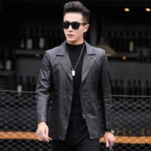 新款海宁皮衣男士中长款西装领修身皮夹克韩版西服风衣外套春秋