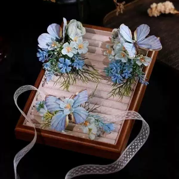 New Forest-Style Blue Butterfly Flower Hairpin Set for Brides, Suitable for Outdoor Photoshoots and as a Hair Accessory