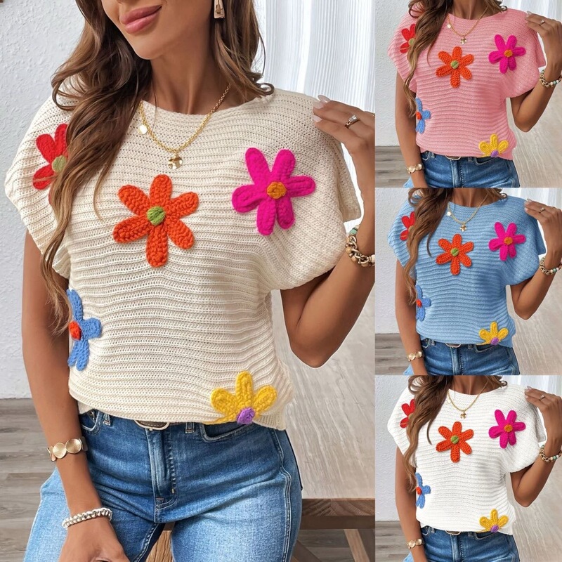 European and American Fashion Flower Sweater Crochet Short-Sleeved T-Shirt for Women 2025 Summer New Versatile Loose Knitted Pullover