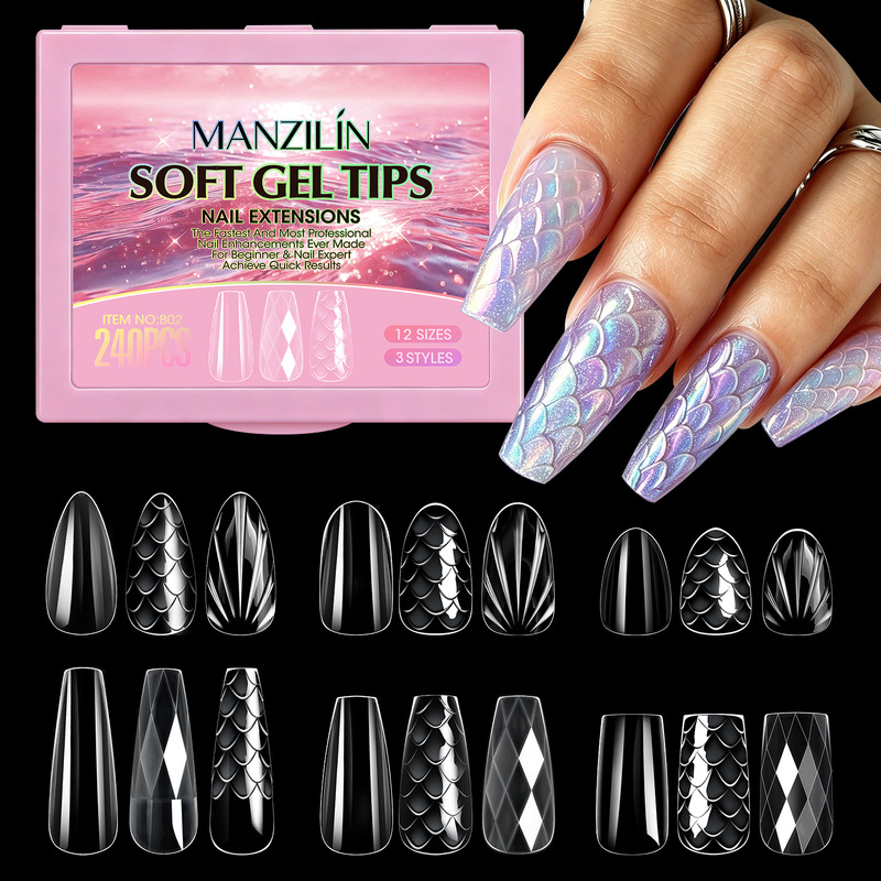 Cross-border European and American nail art 3D diamond-shaped fish scale shell almond nails ballet nails press-on nails long nail tips wholesale