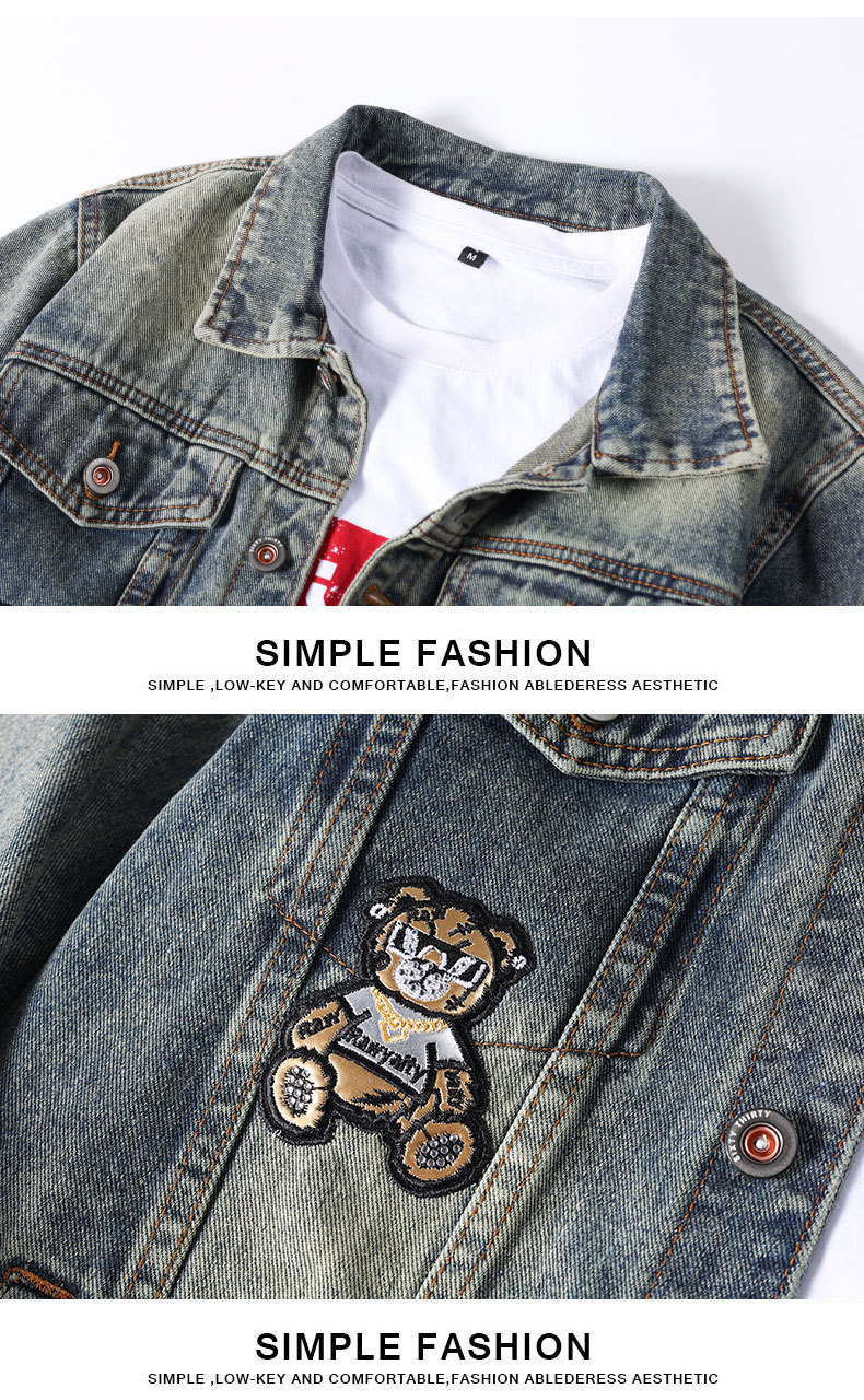 Bear [Trendy] High-luxury locomotive style embroidery fashionable men's denim jacket, denim jacket men's top 532_voghion.com