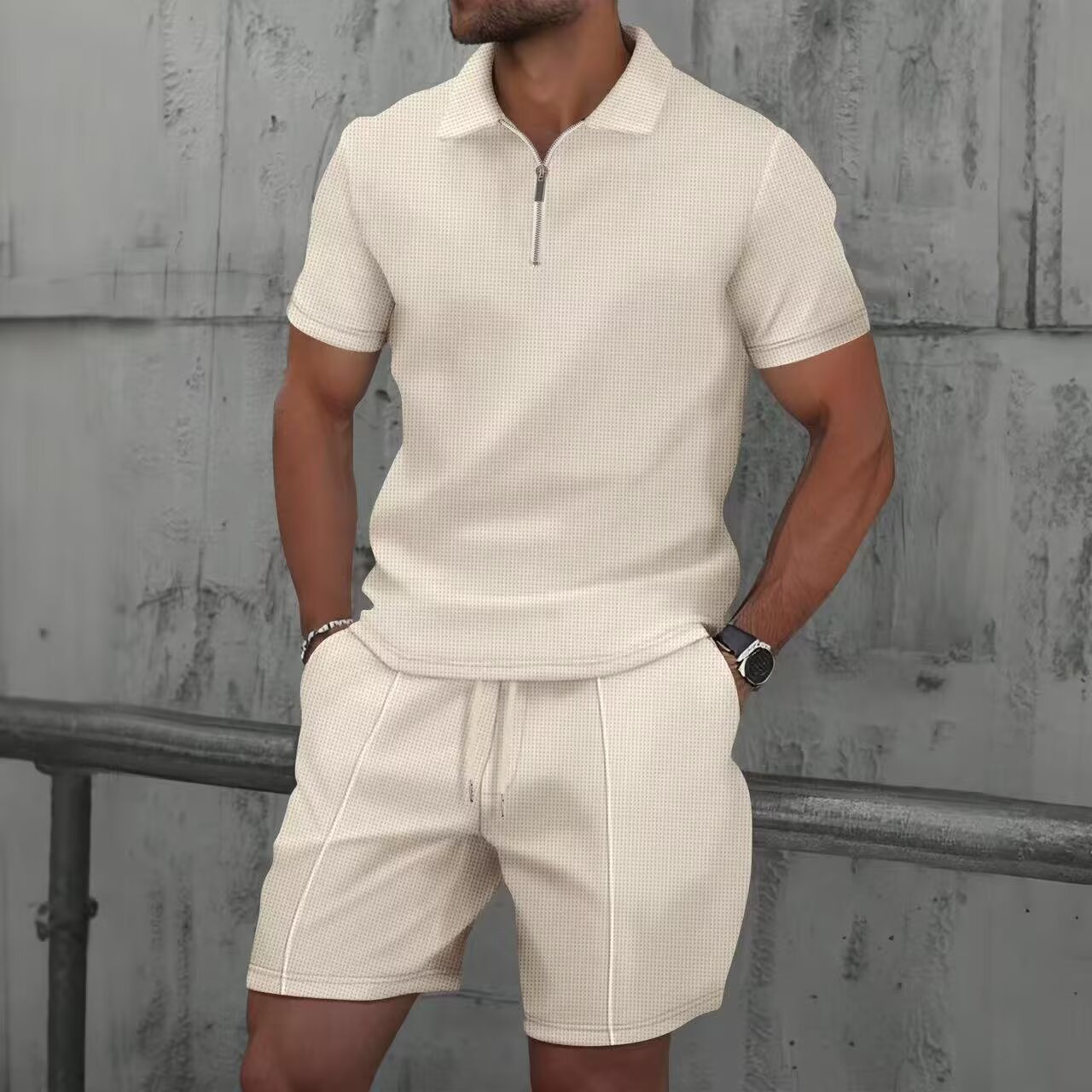 Casual sportswear set polo met wafelstructuur voor heren_voghion.com