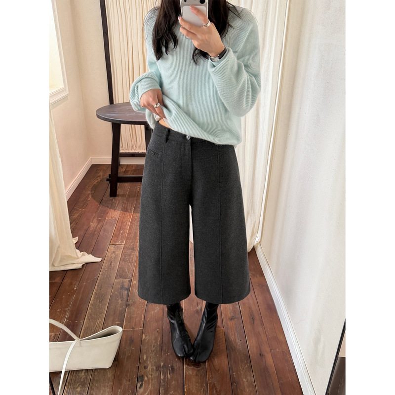 Han Xun Minimalist Style Wool Blend Thick High-Waisted Wide-Leg Cropped Pants 2026 Winter New Style 27665 Han Xun Minimalist Style Wool Blend Thick High-Waisted Wide-Leg Cropped Pants 2026 Winter New Style 27665