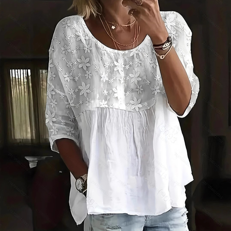 2025 New Cross-Border Foreign Trade European and American Women's Clothing Amazon Independent Site Lace Patchwork Round Neck Mid-Sleeve Top