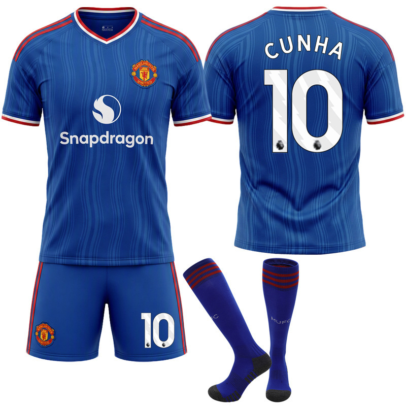 2627 New Man Utd Red Devils Away Jersey No. 10 Cunha 8B Bellingham Football Uniform Set M-Size Blue Sportswear 2627 New Man Utd Red Devils Away Jersey No. 10 Cunha 8B Bellingham Football Uniform Set M-Size Blue Sportswear