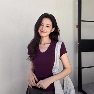 U-Neck High-Elastic Right Shoulder Slim T-Shirt Digm Spring and Summer Popular Normcore Slim Bottoming Shirt Short-Sleeved T-Shirt for Women 60382