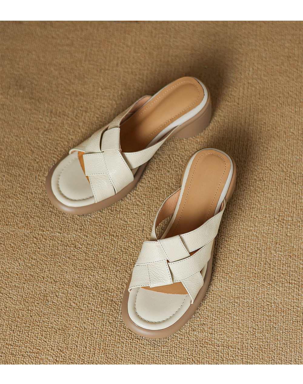 Sandal nữ hở mũi dệt da dê gót cao 7 cm — màu trắng ngà chi tiết 16