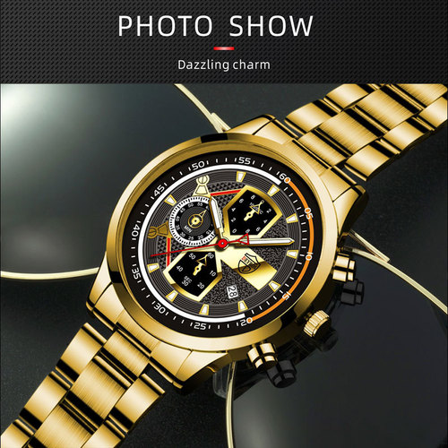 DEYROS cross-border luxury gold men's calendar luminous watch men's fashion stainless steel quartz watch