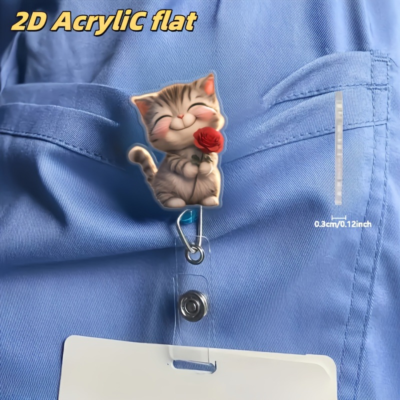 Clip de insignia de flor de rosa de gato creativo de acrílico transfronterizo, clip de identificación, hebilla retráctil y fácil de tirar