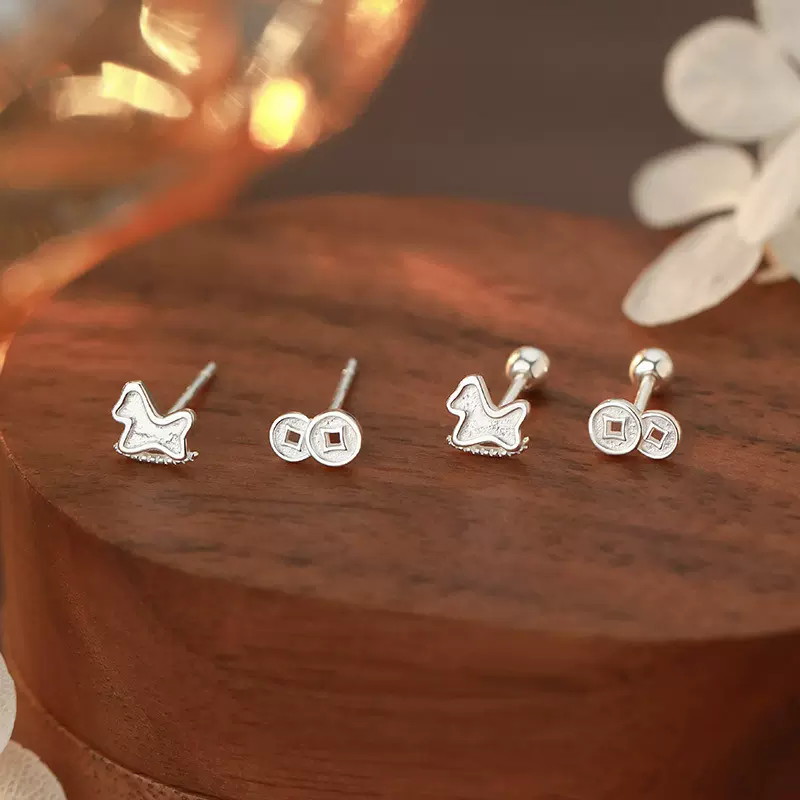 足银S999木马铜钱螺丝耳钉新中式国风养耳防小众堵轻奢耳饰品代发