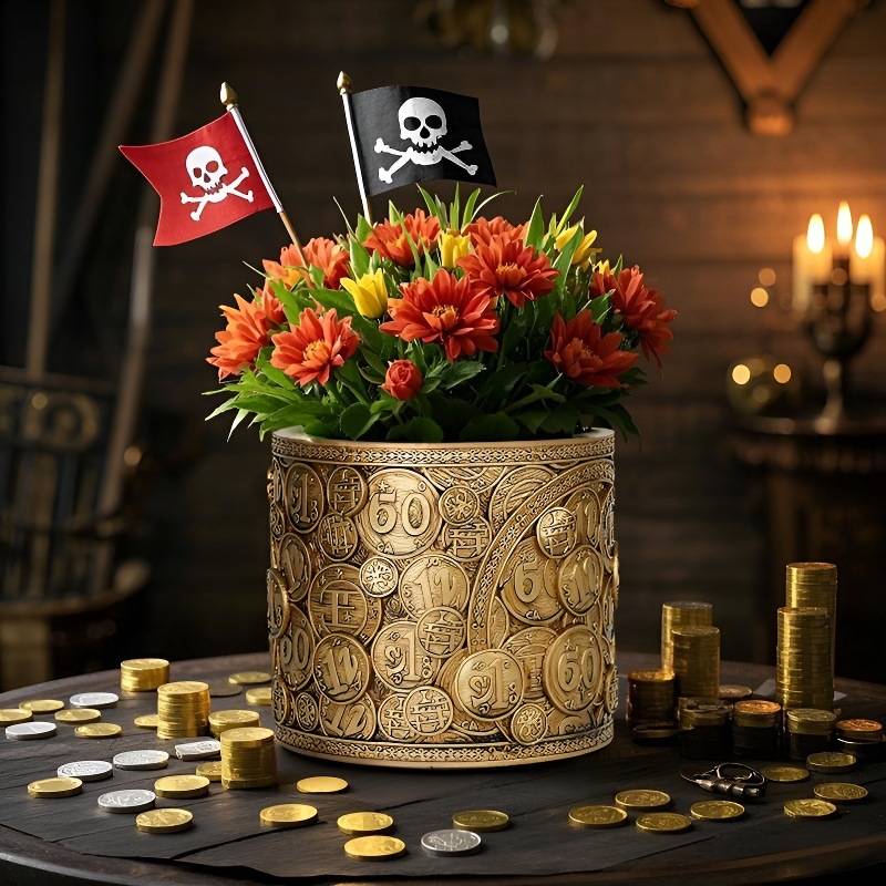 Kindergarten Specializes in Retro Gold Coin Resin Flower Pot Ornaments, Home Desktop Decoration, Garden Planting Containers, Small Gifts