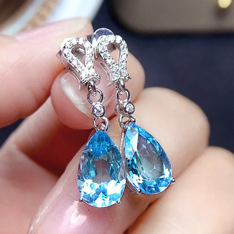 Long Sea Blue Zircon Drop Earrings Elegant Temperament Jewelry_voghion.com