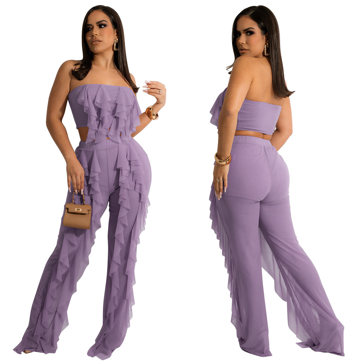 summer solid color tube top ruffled vest and pants two-piece set  NSMYF118591