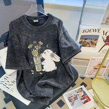 亚马逊做旧水洗黑T恤欧美情侣装短袖夏季新款潮酷大码宽松上衣服