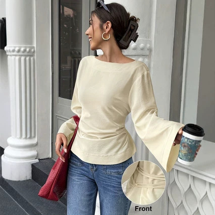 Plus size 2026 European and American autumn/winter new style bell-sleeve top, cross-border solid color casual waist-cinching boat neck women's T-shirt