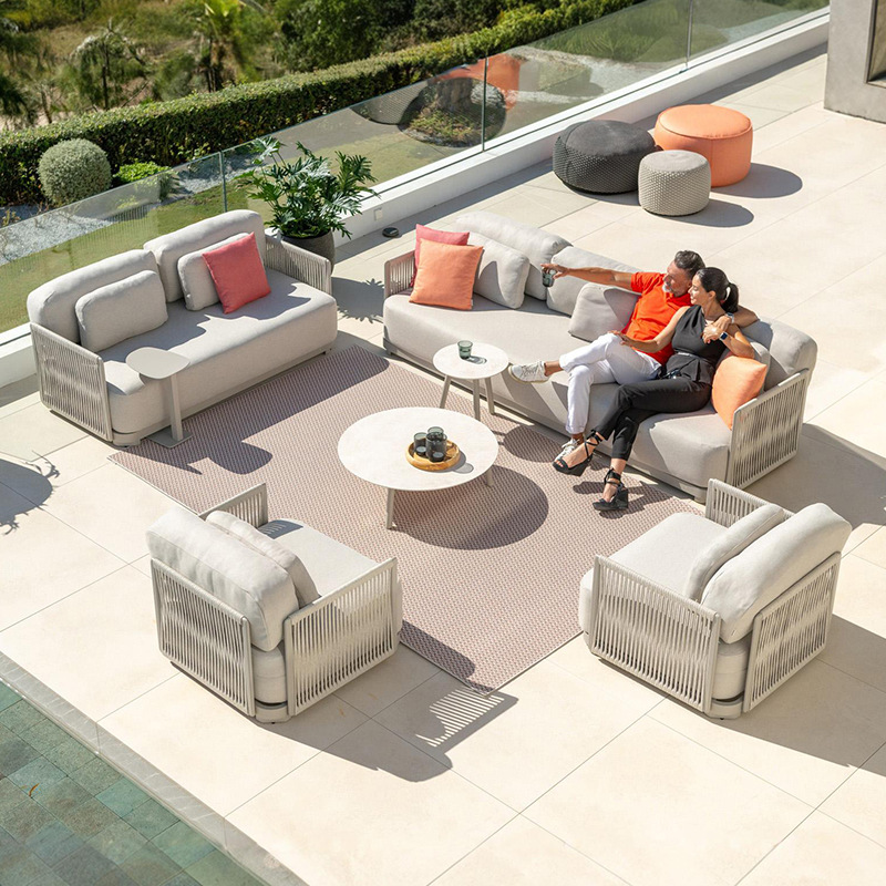 Sofá de tejido de cuerda al aire libre patio jardín terraza balcón hotel de alojamiento residencial cama reclinada de ocio protección solar impermeable mesa de té combinación