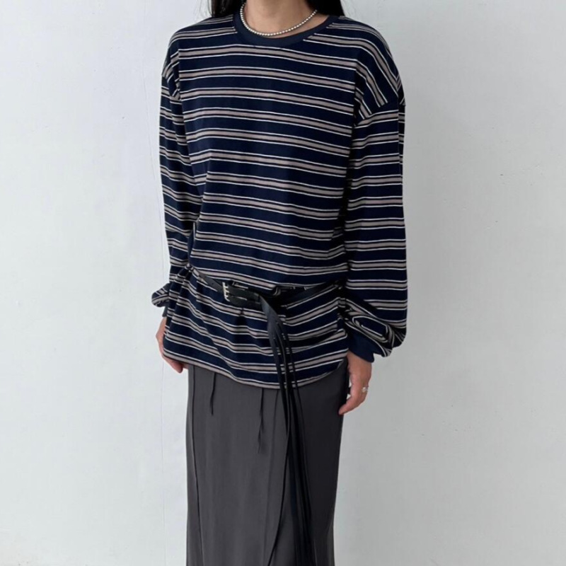 Samo*O Retro Casual Loose Round Neck Stripesd T-Shirt Women's Lazy High-End Classic Versatile Long-Sleeved Knitwear Samo*O Retro Casual Loose Round Neck Stripesd T-Shirt Women's Lazy High-End Classic Versatile Long-Sleeved Knitwear
