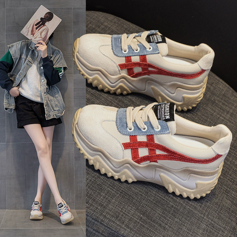 Женские повседневные кроссовки на толстой подошве в корейском стиле, увеличивающие рост, с тонкими ремешками, белые, в стиле колор-блок, для студентов, новинка осени 2024