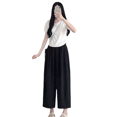 Acetic radish pants for women, summer high-waisted slimming wide-leg pants with a sense of elegance, petite nine-part textured grandma pants