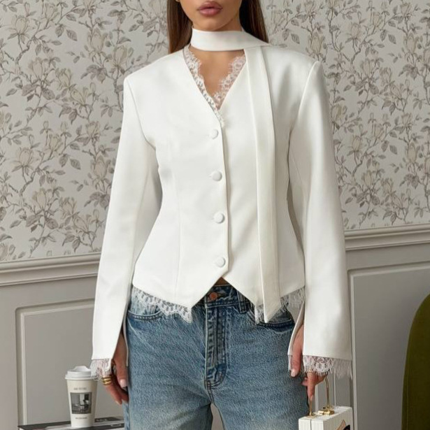 2027 European and American Cross-Border Autumn Brown Waist-Cinched Long-Sleeve Lace Patchwork Blazer Elegant Commuter Suit for Women 2027 European and American Cross-Border Autumn Brown Waist-Cinched Long-Sleeve Lace Patchwork Blazer Elegant Commuter Suit for Women