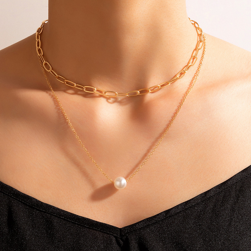 Simple Jewelry Pearl Chain Double Layer Simple Geometric Multilayer Alloy Necklacepicture2