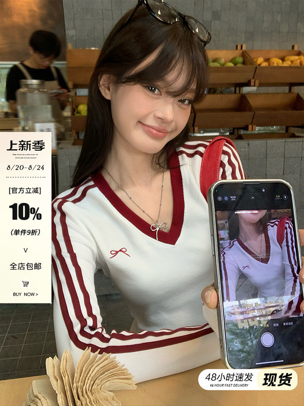 宋正恩蝴蝶结绣花拼色长袖t恤女秋季新款v领修身显瘦内搭上衣|undefined