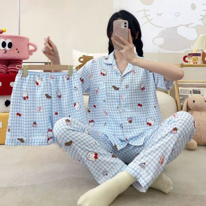 Venta al por mayor transfronteriza 120g pijamas de algodón de nube de verano de manga corta para mujer pantalones cortos de algodón de nube de verano de tres piezas servicio a domicilio de dibujos animados