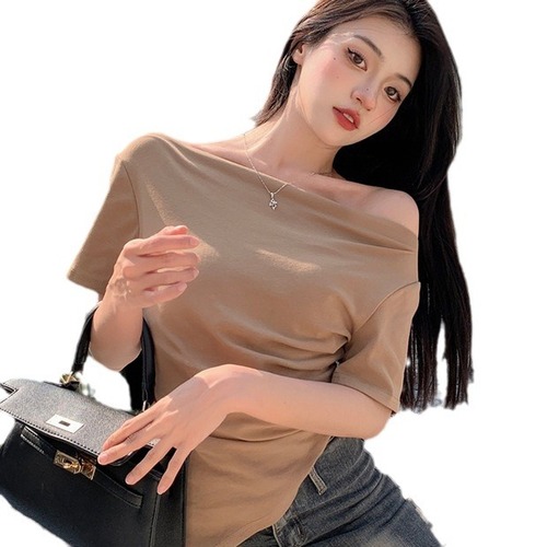 Pure Desire Unstructured One-Shoulder Pure Desire Sexy Short Sleeve T-Shirt for Women Summer French Shoulder-Baring Stylish Top for Women