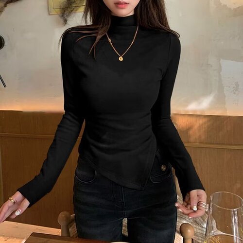 DeRong Women's Autumn/Winter Irregular, Niche-Style, Off-Shoulder, Slim-Fit Long-Sleeve T-Shirt with Half-Turtleneck Base Layer